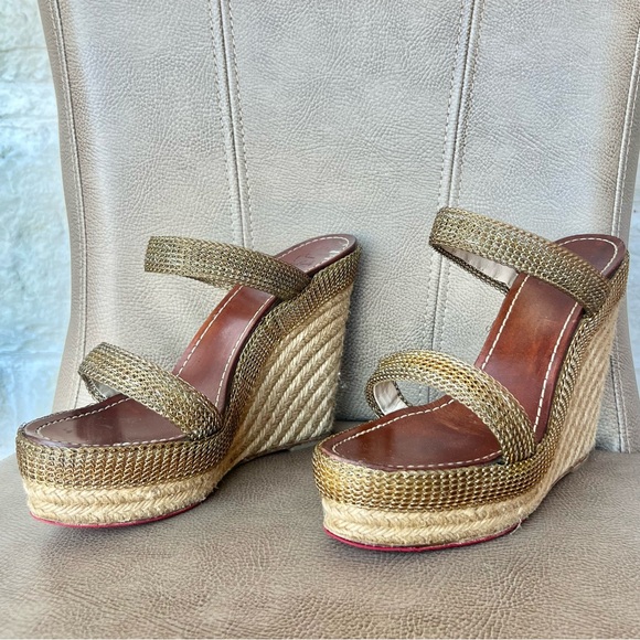 Christian Louboutin Cadena Tresse 140 Platform Wedges Espadrilles Gold Euro 40 - Picture 3 of 12